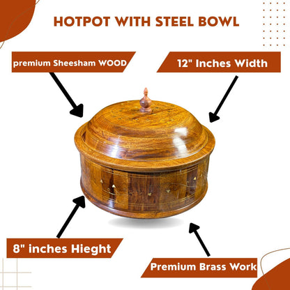 Traditional Brass-Decorated Sheesham Wooden Hotpot with Steel Bowl – 12x8"