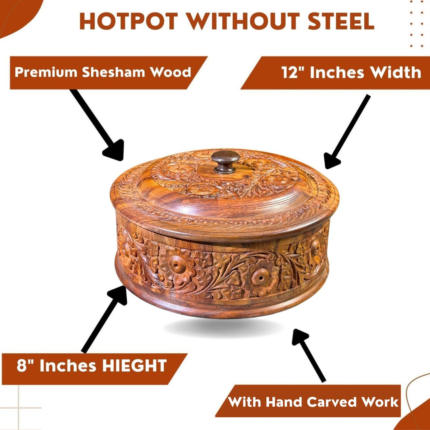 Handcrafted Wooden Carved Hotpot – Pure Wood Design – Size 12x8 Inches