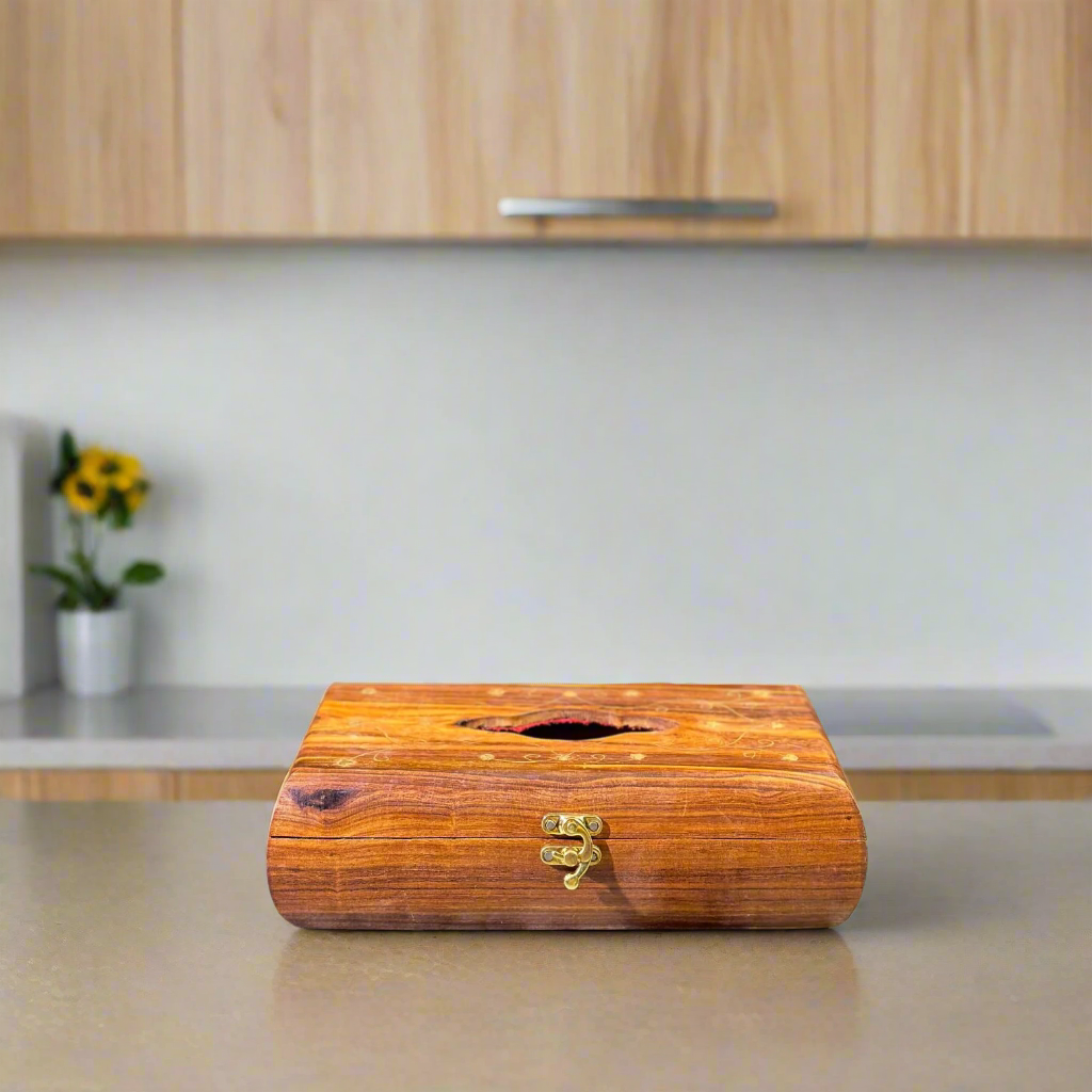 Handcrafted Wooden Tissue Box with Decorative Brass Work