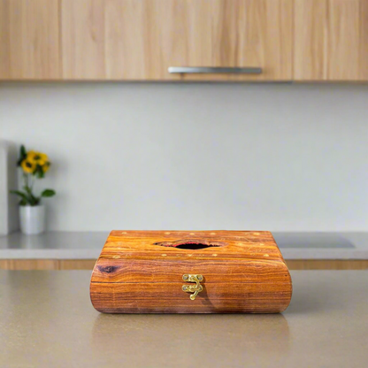 Handcrafted Wooden Tissue Box with Decorative Brass Work
