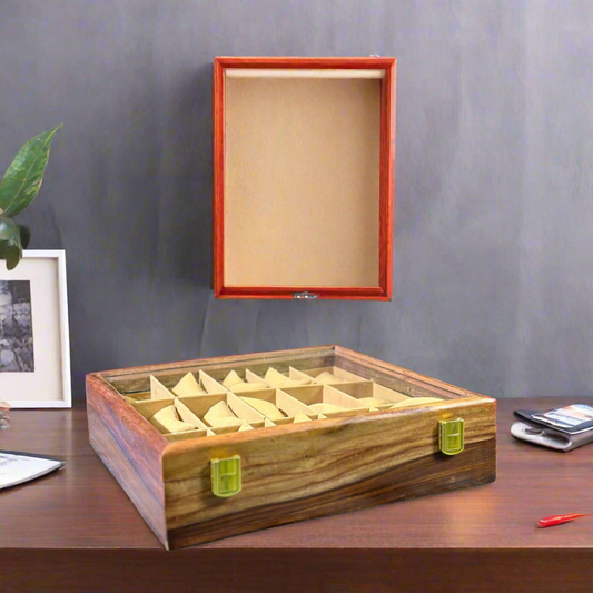Premium Handmade Wooden Watch Box – 15 Slot Organizer with Glass Display Lid