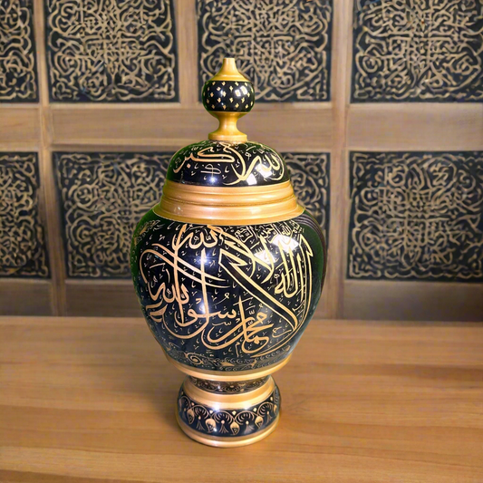 Wooden Kalma Jar – Handcrafted Naqshi Art in Sheesham Wood | Black & Golden Islamic Calligraphy Decor