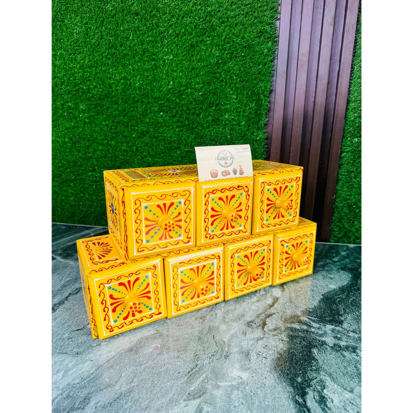 Hand-Painted Yellow Wooden Spice Box – 7 Portion Truck Art Design | Sheesham Wood Kitchen Organizer