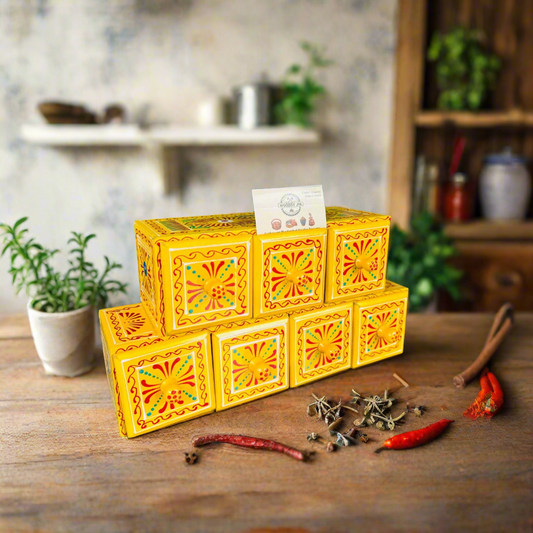 Hand-Painted Yellow Wooden Spice Box – 7 Portion Truck Art Design | Sheesham Wood Kitchen Organizer