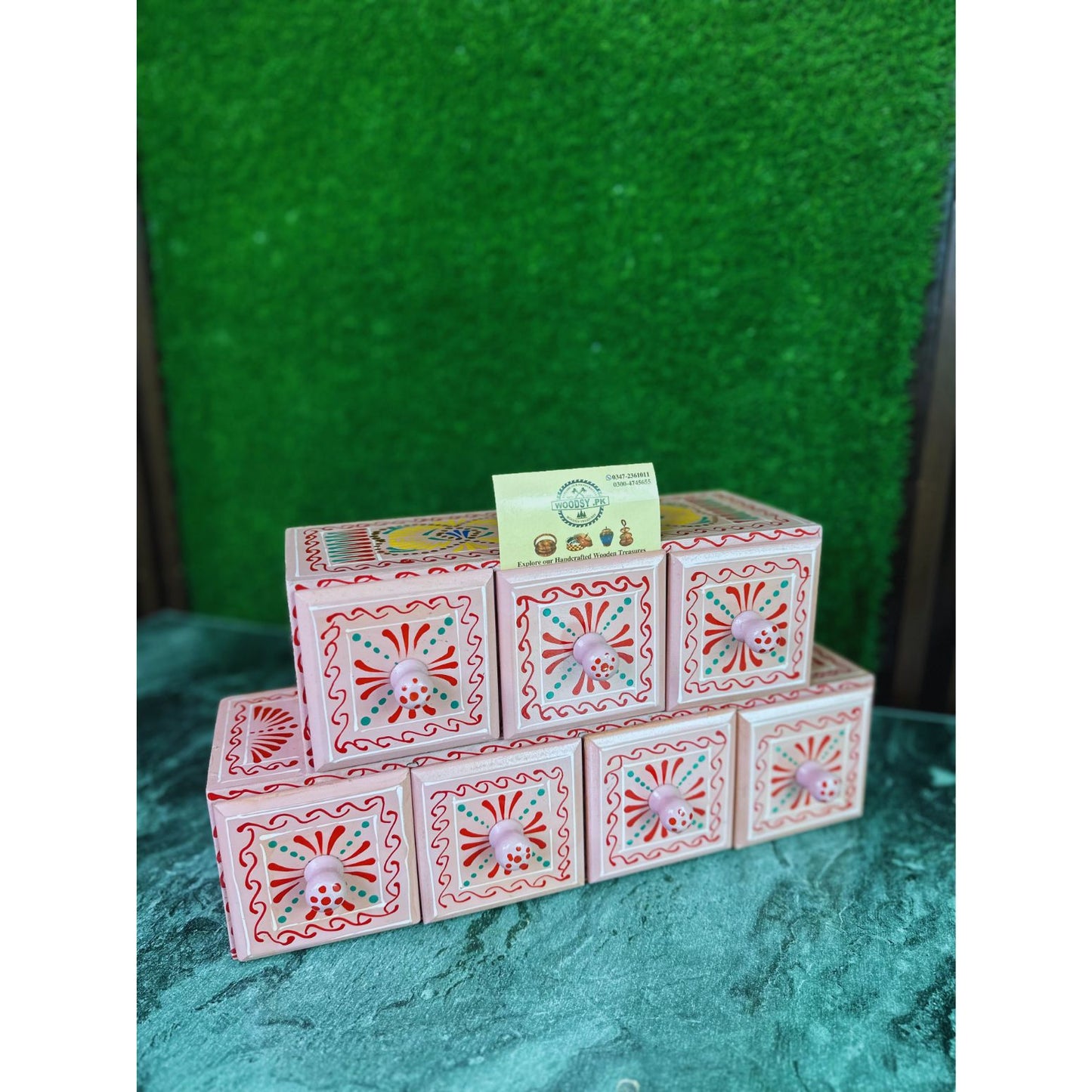 Hand-Painted Tea Pink Wooden Spice Box – 7 Portion Truck Art Design | Sheesham Wood Kitchen Organizer
