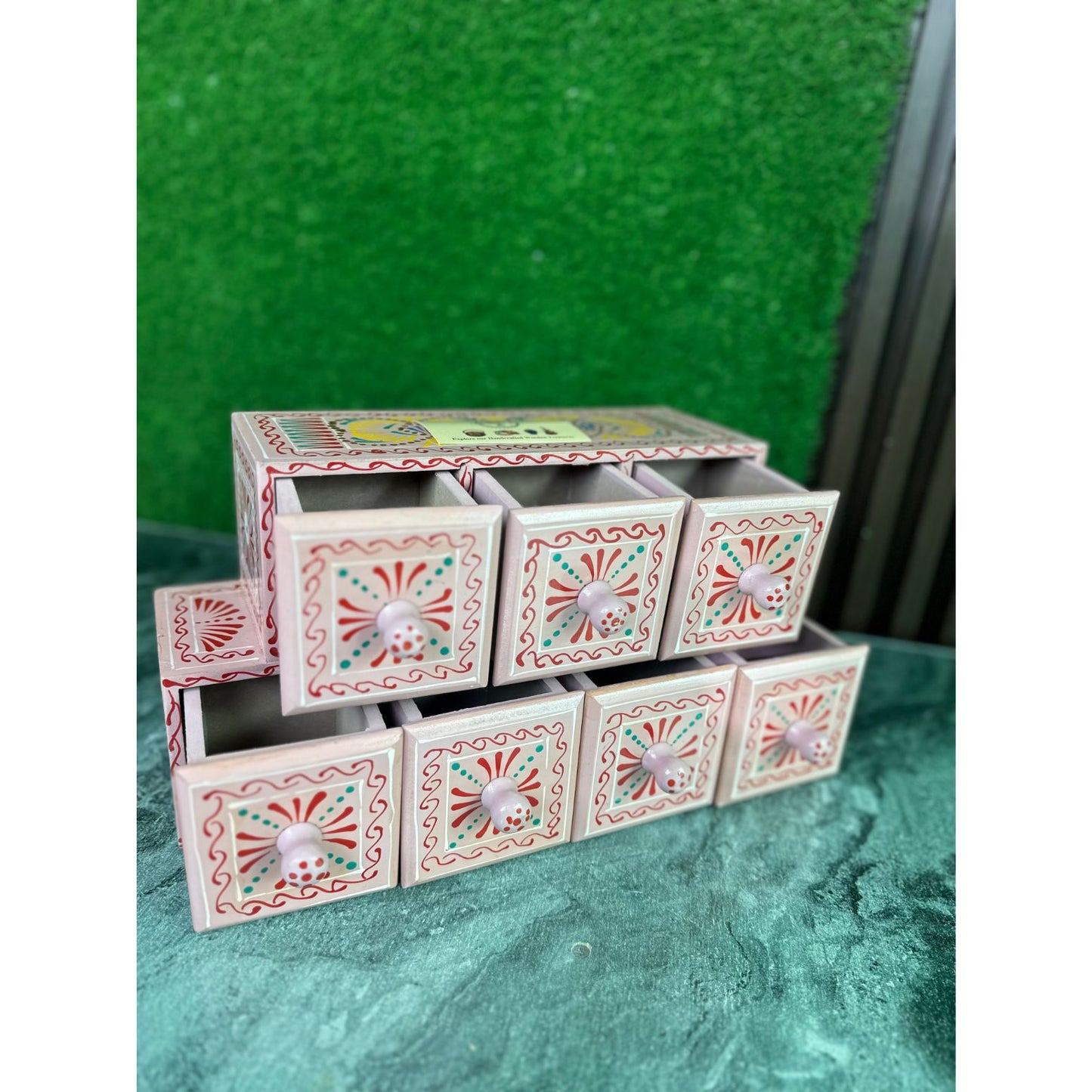 Hand-Painted Tea Pink Wooden Spice Box – 7 Portion Truck Art Design | Sheesham Wood Kitchen Organizer