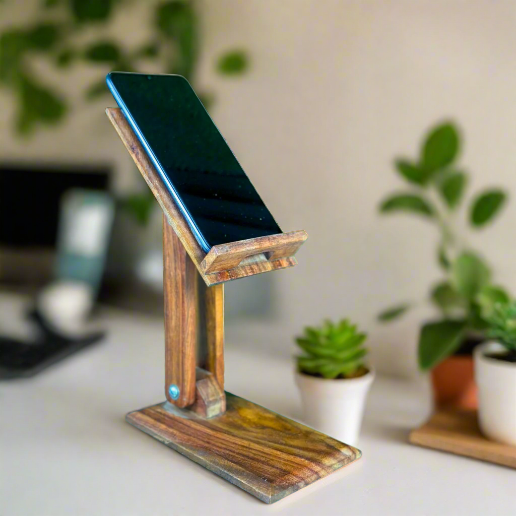 Wooden Mobile Stand – Handcarved Design in Natural Wood