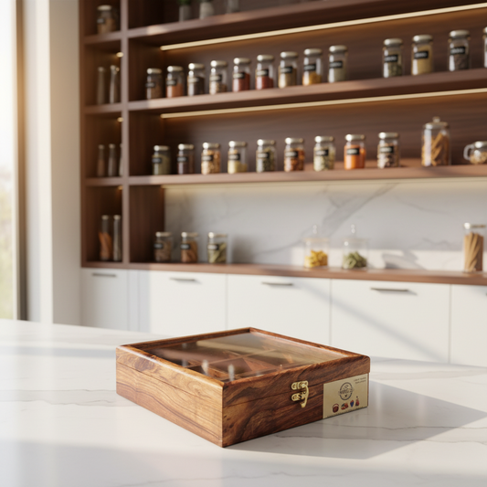Wooden Spice Box in Sheesham Wood – 9 Portion with Spoon & Non-Breakable Glass Lid