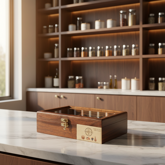 Wooden Spice Box in Sheesham Wood – 6 Portion with Spoon & Non-Breakable Glass Lid