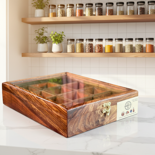 Wooden Spice Box in Sheesham Wood – 12 Portion with Spoon & Non-Breakable Glass Lid