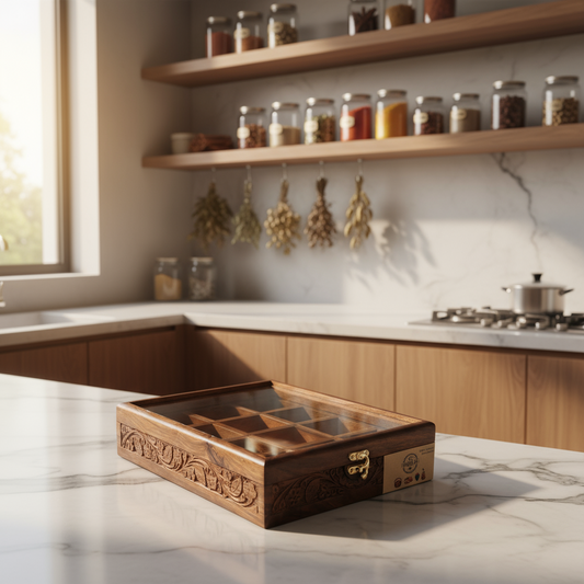 Premium Sheesham Wood Spice Box – 12 Portion Handcarved Design with Spoon & Non-Breakable Glass Lid
