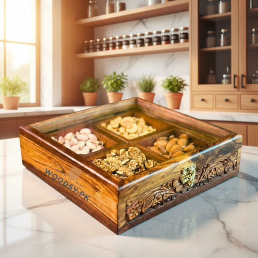 Wooden Storage Box in Pure Sheesham Wood – 4 Portion Dry Fruit & Spice Box with Spoon & Non-Breakable Glass Lid