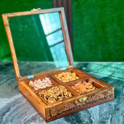 Wooden Storage Box in Pure Sheesham Wood – 4 Portion Dry Fruit & Spice Box with Spoon & Non-Breakable Glass Lid