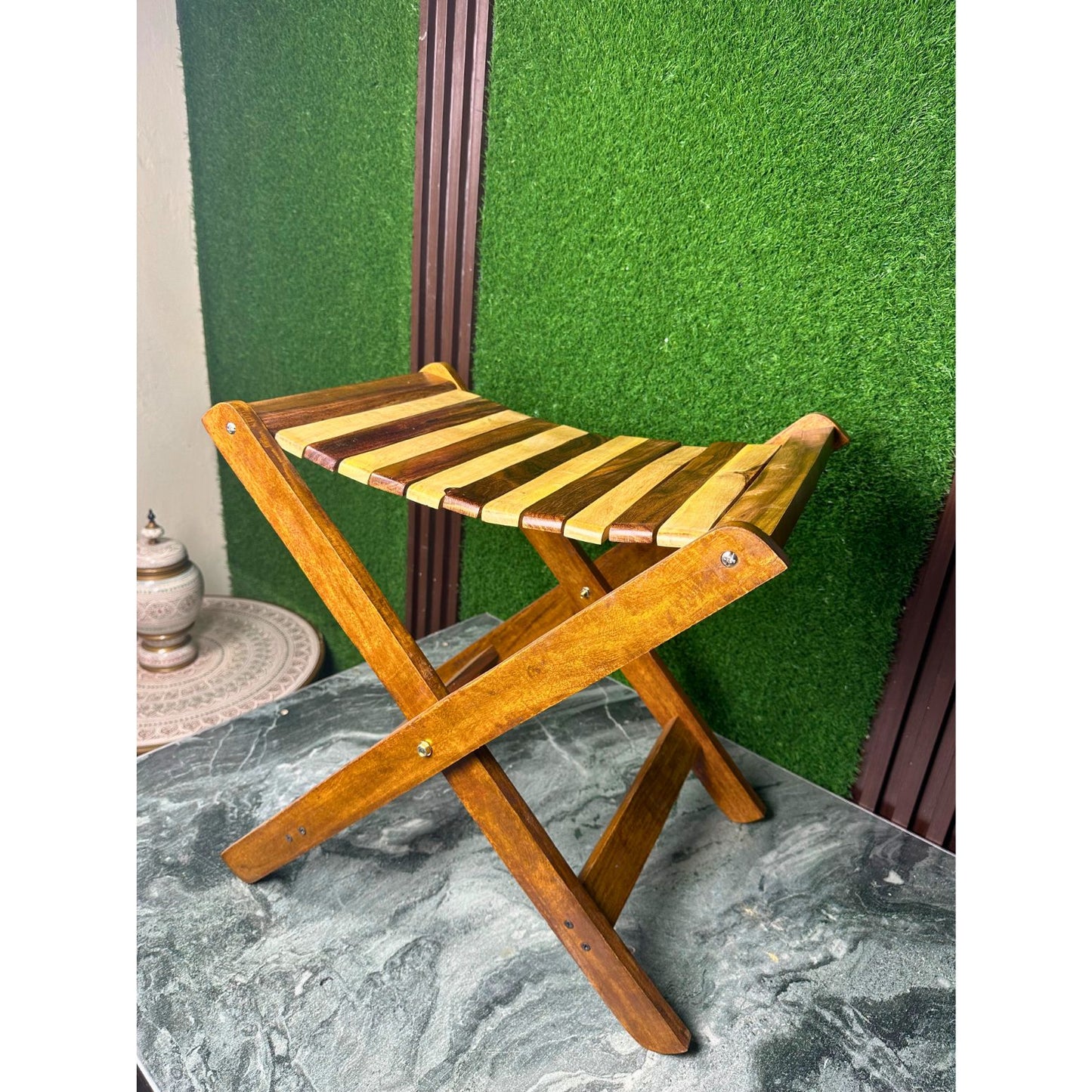 Handmade Foldable Wooden Stool – Natural Sheesham Wood Finish | 20” Height × 21” Length × 12” Width