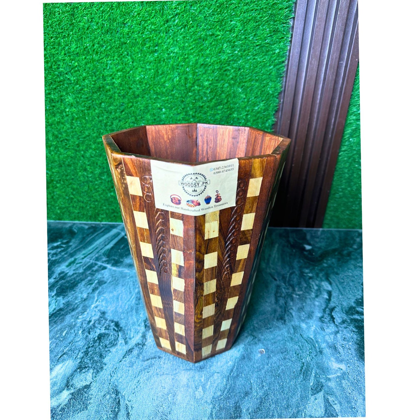 Handcrafted Wooden Dustbin in Tukri Style – Natural Sheesham Wood with Handcarved Detailing | 11” Height