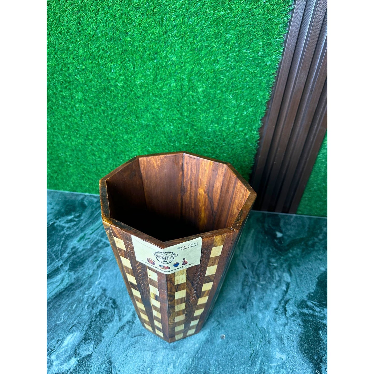 Handcrafted Wooden Dustbin in Tukri Style – Natural Sheesham Wood with Handcarved Detailing | 11” Height