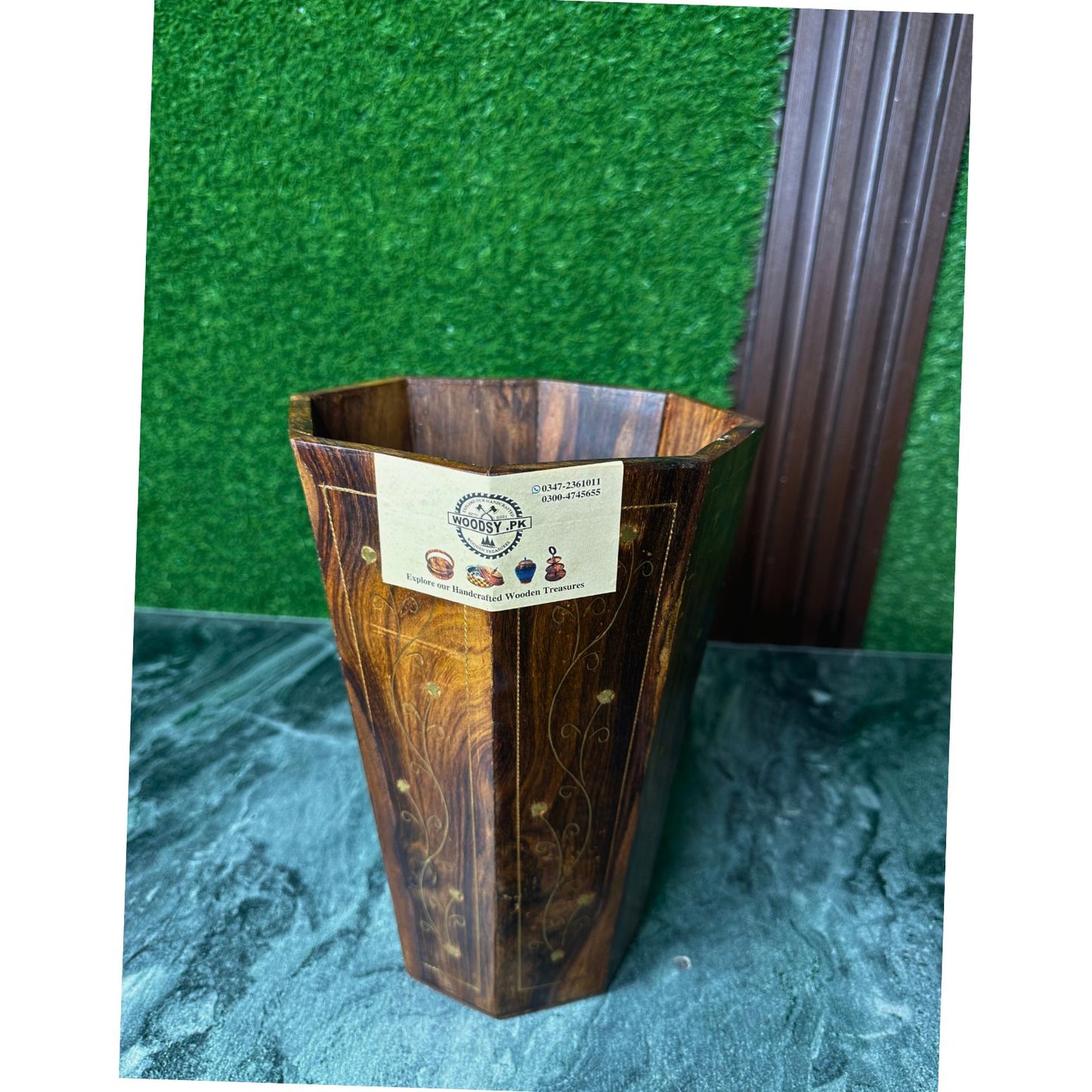 Handcrafted Wooden Dustbin with Premium Brass Work – Pure Sheesham Wood | 11” Height