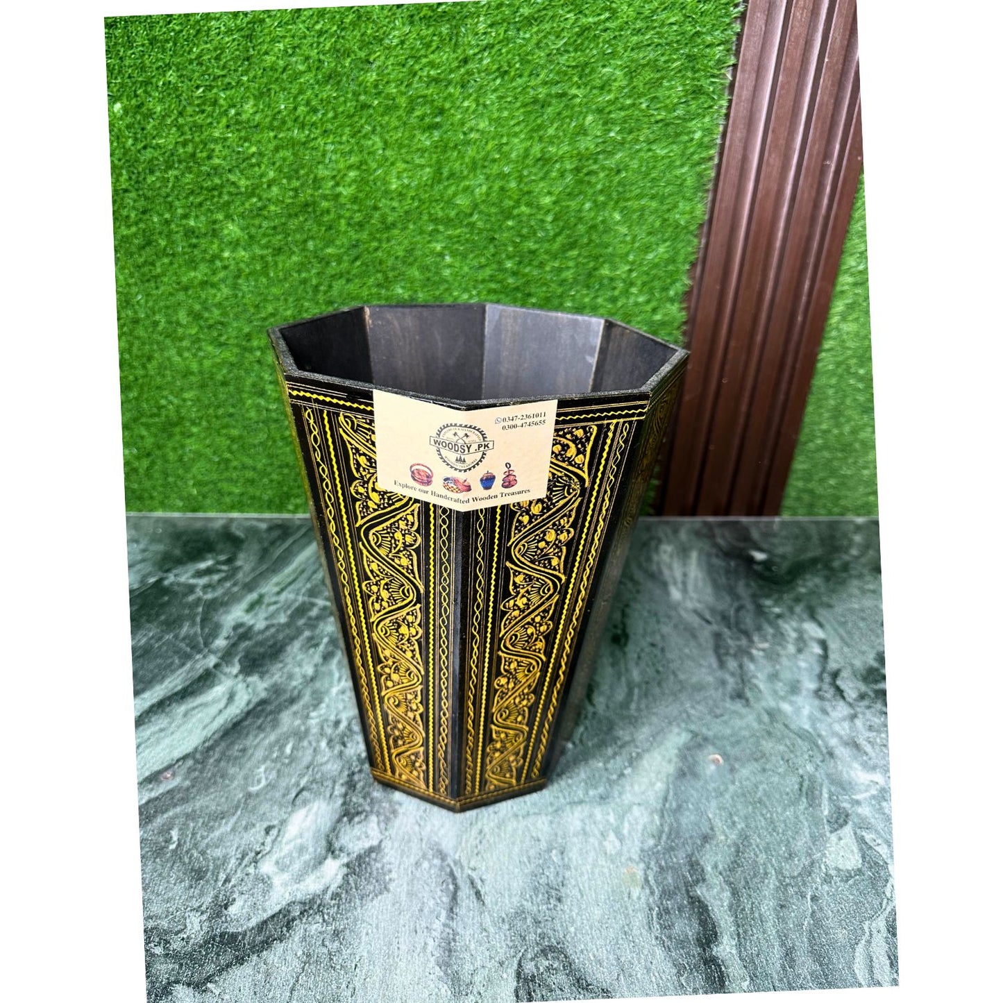 Handcrafted Wooden Dustbin – Yellow & Black Finish | Pure Sheesham Wood | 11” Height