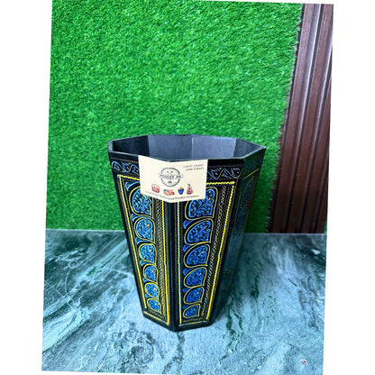 Handcrafted Wooden Dustbin – Black & Blue Finish | Pure Sheesham Wood | 11” Height