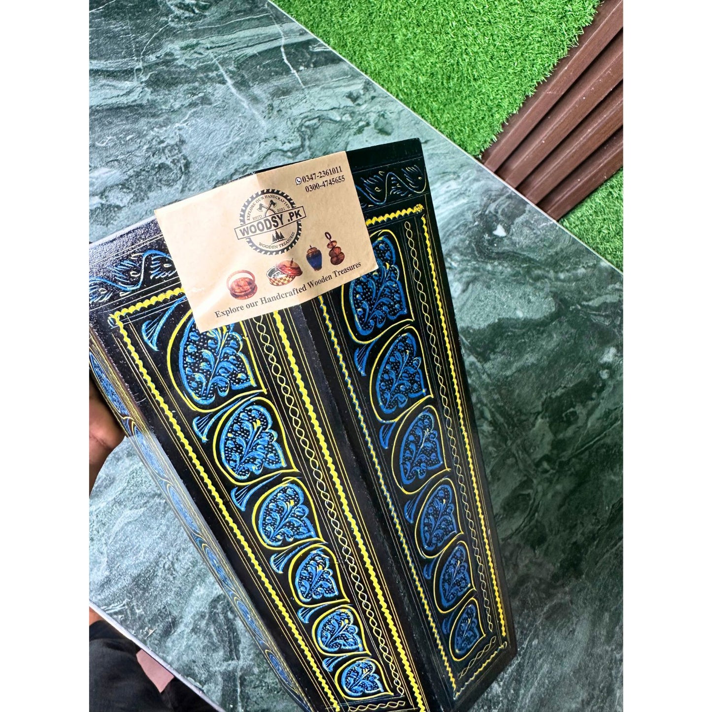 Handcrafted Wooden Dustbin – Black & Blue Finish | Pure Sheesham Wood | 11” Height