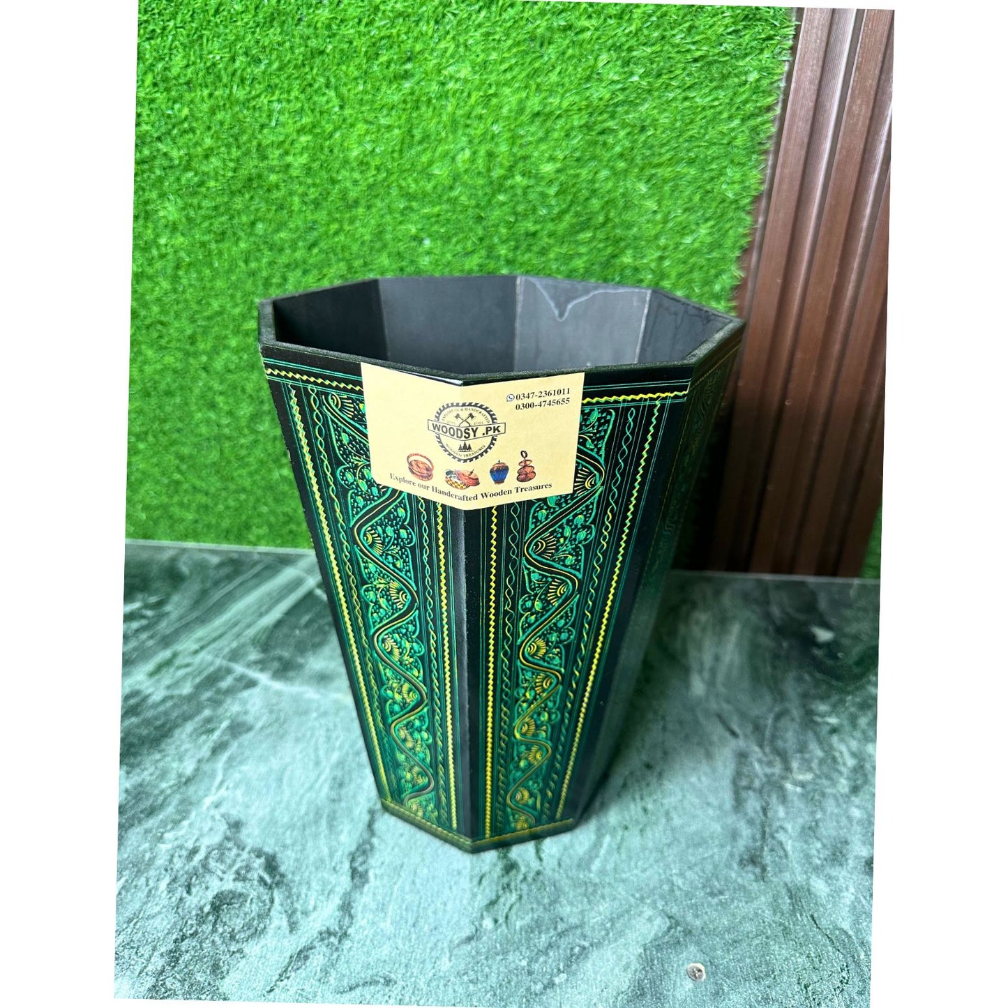 Handcrafted Wooden Dustbin – Green & Black Finish | Pure Sheesham Wood | 11” Height