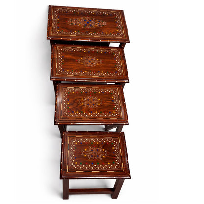 Premium Wooden Nesting Table Set of 4 – White Printed Sheesham Wood