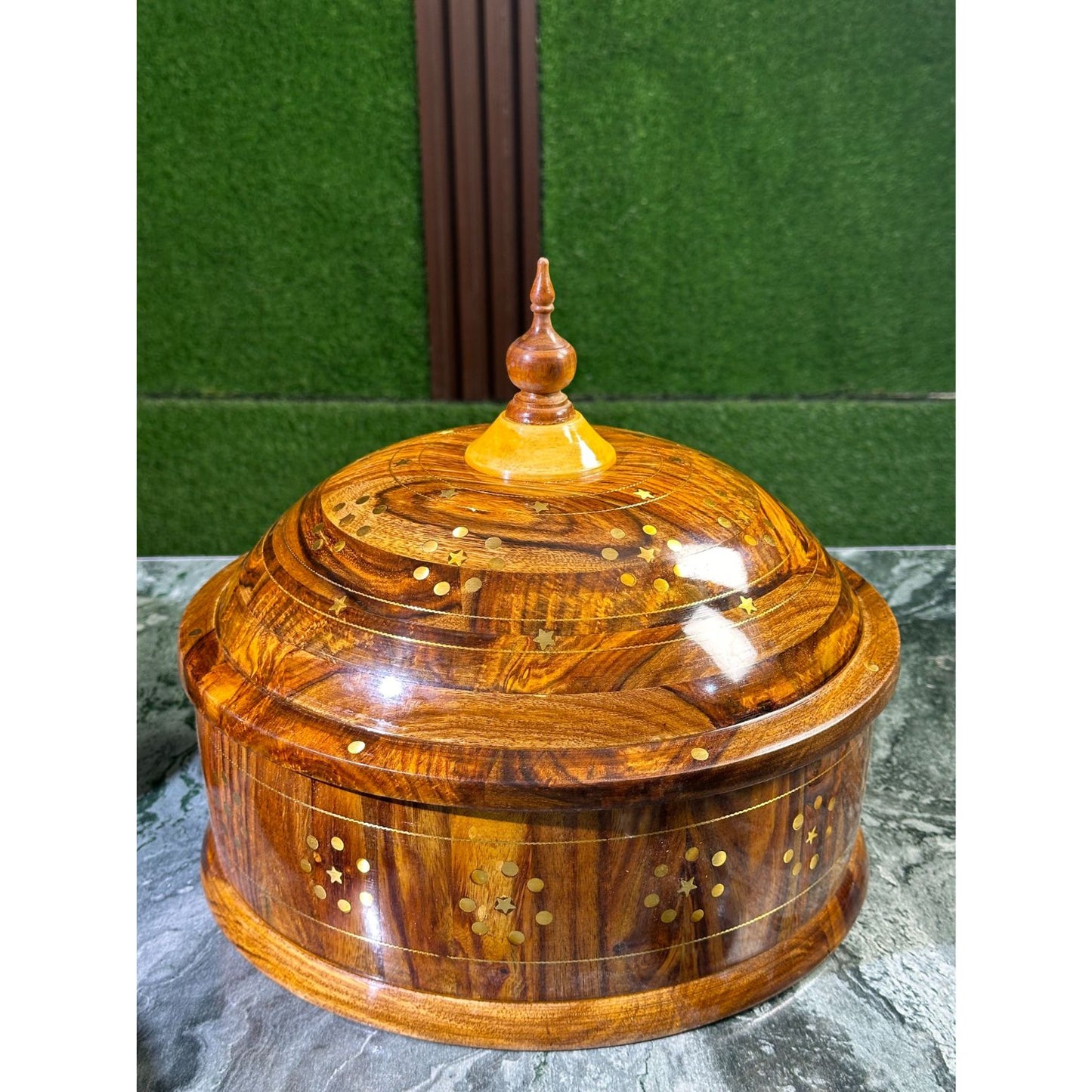 Premium Sheesham Wood Hotpot with Brass Inlay & Stainless Steel Bowl – 12x8"