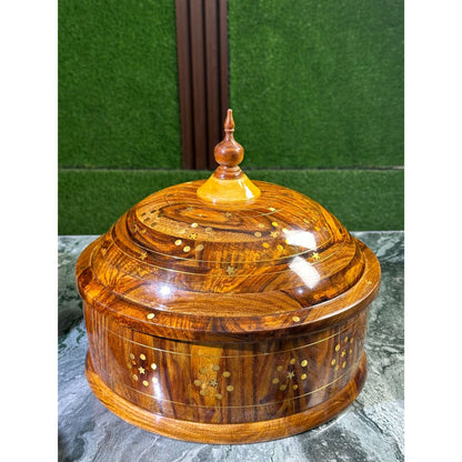 Premium Sheesham Wood Hotpot with Brass Inlay & Stainless Steel Bowl – 12x8"