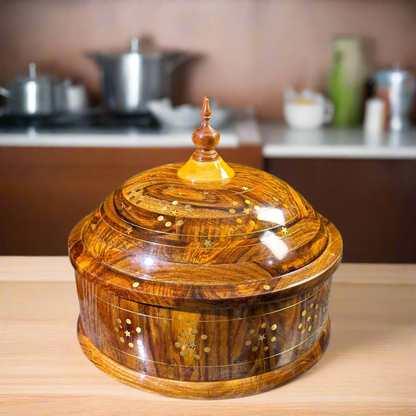Premium Sheesham Wood Hotpot with Brass Inlay & Stainless Steel Bowl – 12x8"
