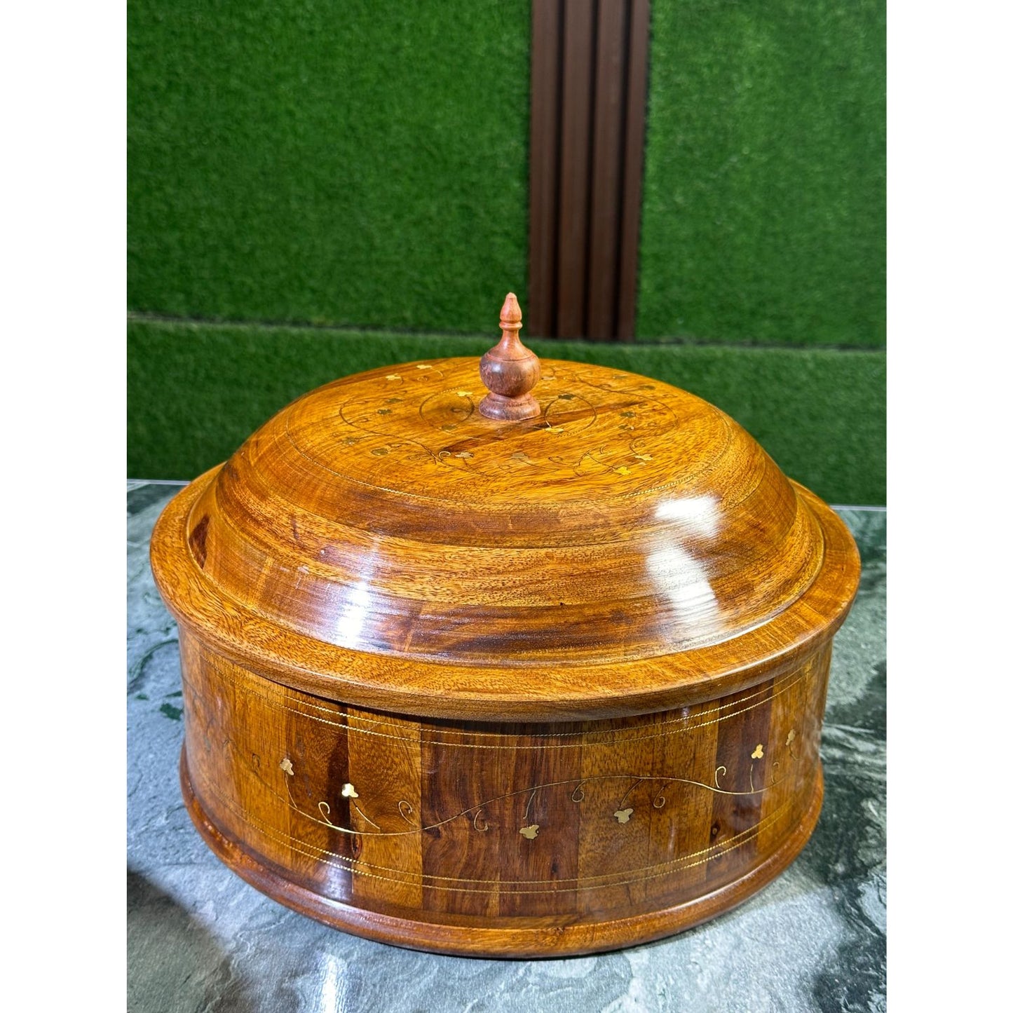 Traditional Brass-Decorated Sheesham Wooden Hotpot with Steel Bowl – 12x8"