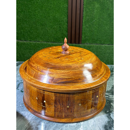 Traditional Brass-Decorated Sheesham Wooden Hotpot with Steel Bowl – 12x8"