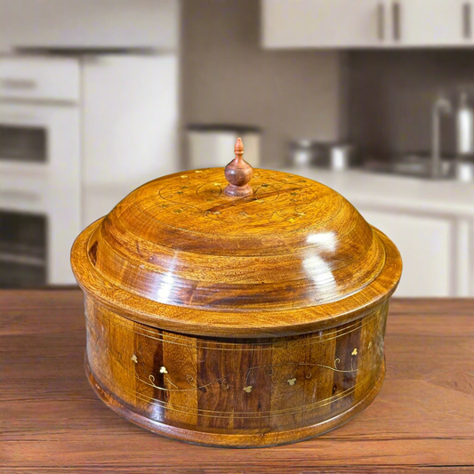 Traditional Brass-Decorated Sheesham Wooden Hotpot with Steel Bowl – 12x8"