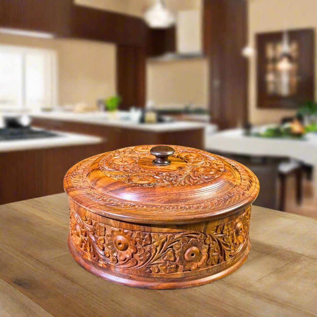 Handcrafted Wooden Carved Hotpot – Pure Wood Design – Size 12x8 Inches