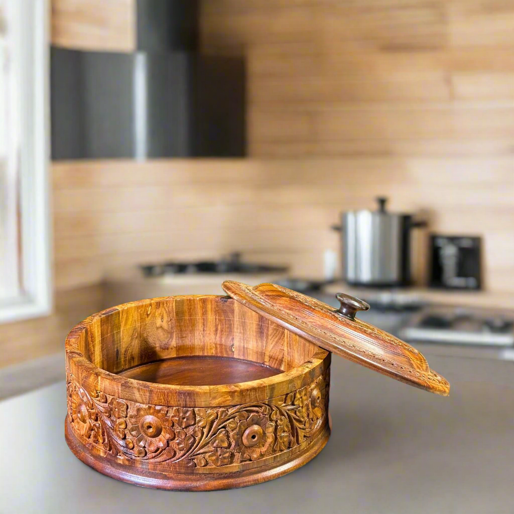 Handcrafted Wooden Carved Hotpot – Pure Wood Design – Size 12x8 Inches