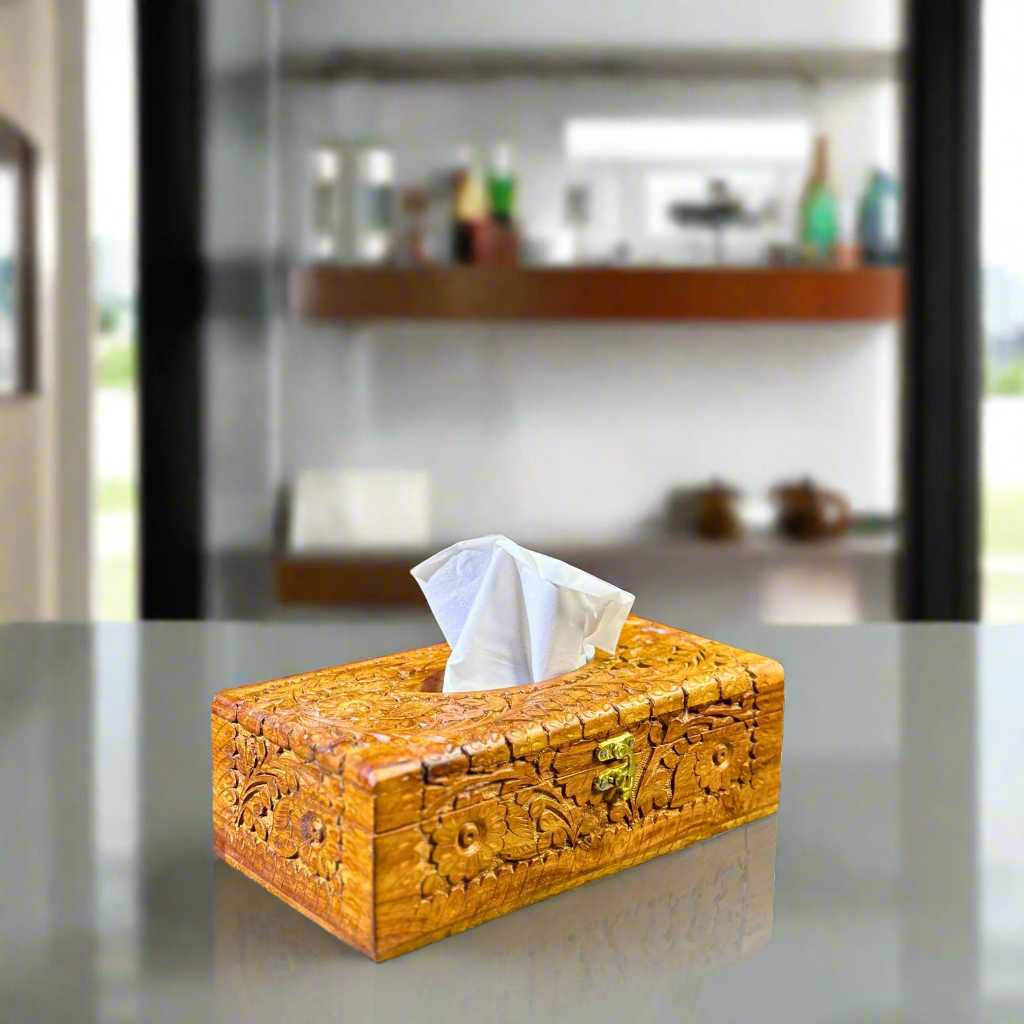 Artisan Hand-Carved Sheesham Wood Tissue Box – 6x11 – WOODSY