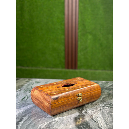 Handcrafted Wooden Tissue Box with Decorative Brass Work