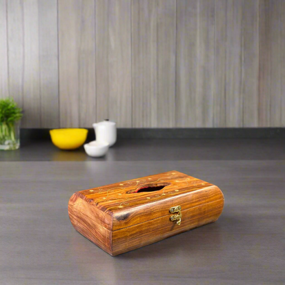 Handcrafted Wooden Tissue Box with Decorative Brass Work