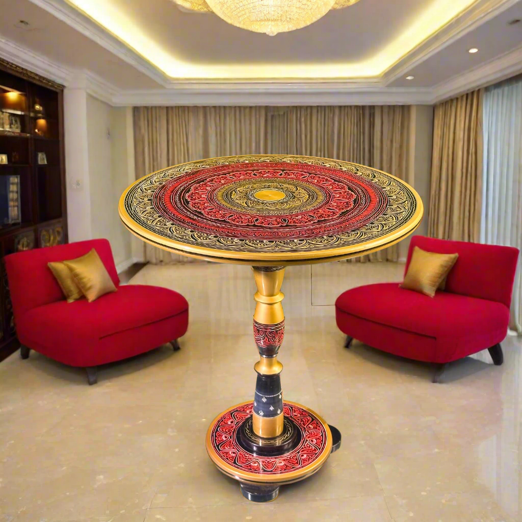 Red & Gold Art Coffee Table – 18" Round Handcrafted Accent Table | Royal Lacquer Finish