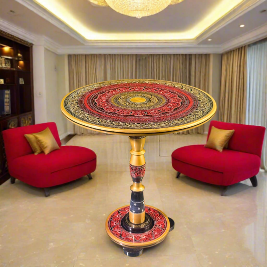 Red & Gold Art Coffee Table – 18" Round Handcrafted Accent Table | Royal Lacquer Finish