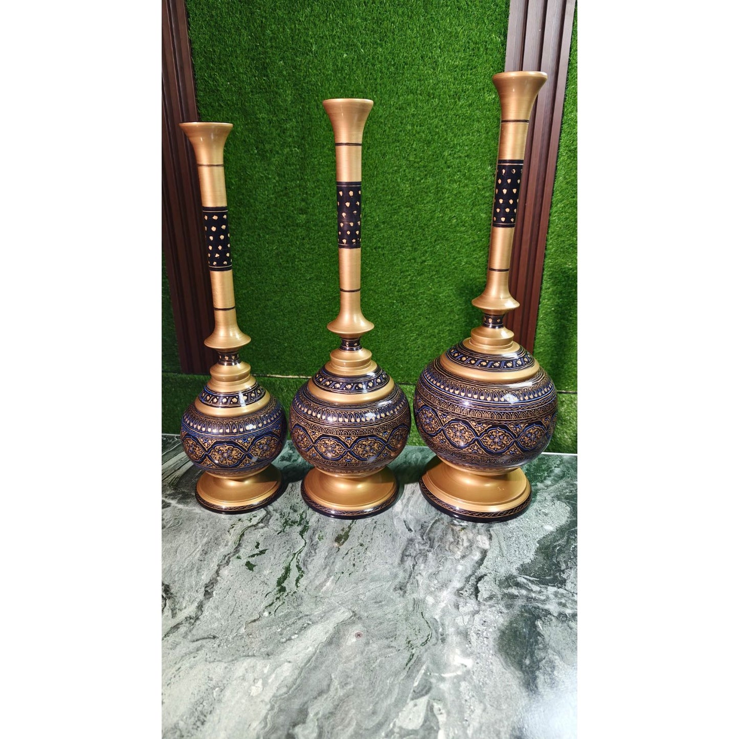 Handmade Wooden Vase Set of 3 – Naqshi Art – Blue & Black Design in 3 Sizes– Unique  for Elegant Décor