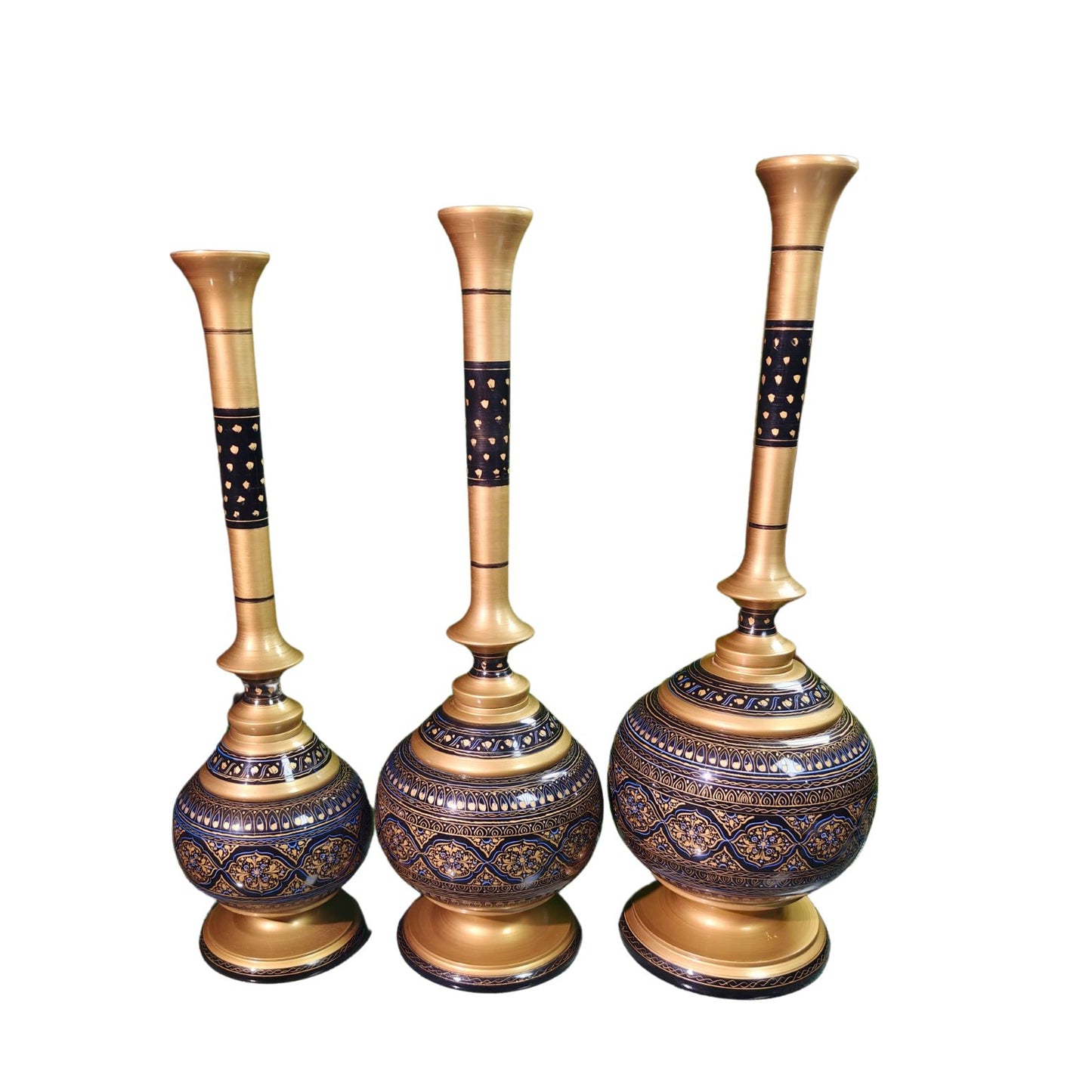 Handmade Wooden Vase Set of 3 – Naqshi Art – Blue & Black Design in 3 Sizes– Unique  for Elegant Décor