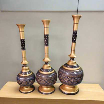 Handmade Wooden Vase Set of 3 – Naqshi Art – Blue & Black Design in 3 Sizes– Unique  for Elegant Décor