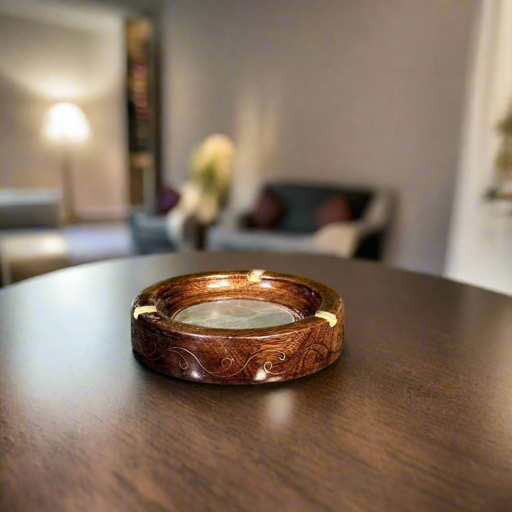 Wooden & Brass Round Ashtray – 6 Inches | Handmade Classic Design