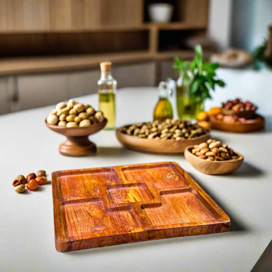 Wooden Dry Fruit Serving Tray – 12x12 Inch Square | 4-Partition Handcrafted Tray | Premium Snack & Sweet Organizer for Home & Gifting