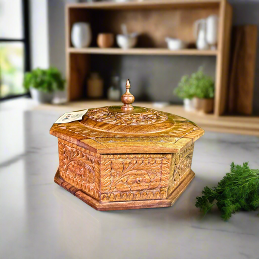 Handcrafted Wooden Hotpot – Octagon Shape with Intricate Hand-Carved Detailing (12x8")