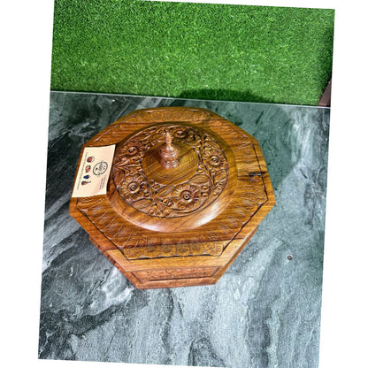 Handcrafted Wooden Hotpot – Octagon Shape with Intricate Hand-Carved Detailing (12x8")