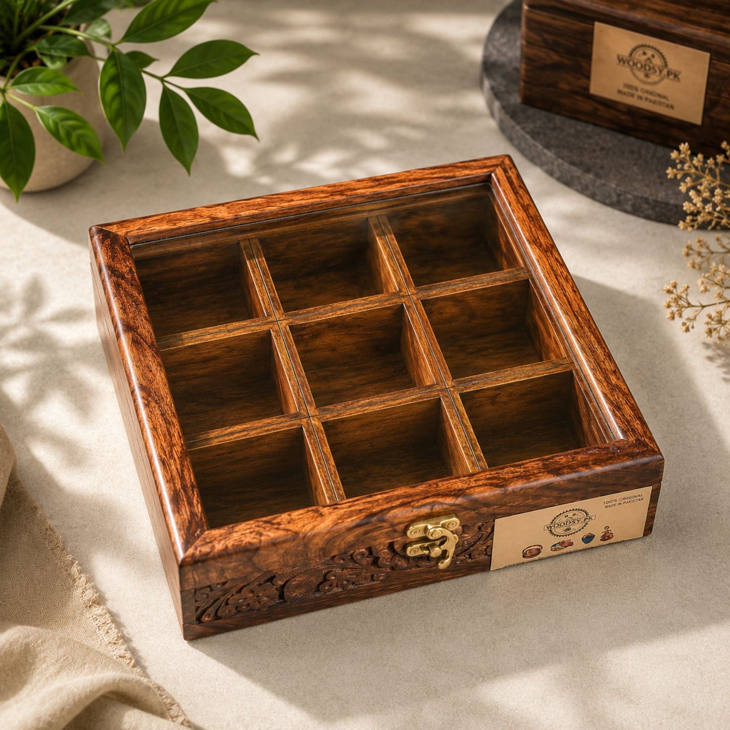 9 Portion Wooden spice box (handcarved) with Spoon & Non-Breakable Glass Lid