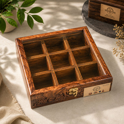 9 Portion Wooden spice box (handcarved) with Spoon & Non-Breakable Glass Lid