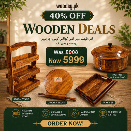 Woodsy Kitchen Combo Deal – Hotpot (Steel Bowl) + Tray Set + Chakla Belan + Spoon Stand | 40% OFF