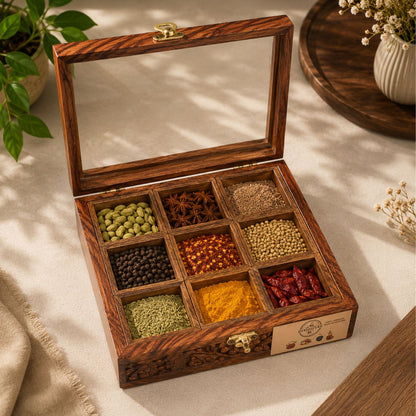 9 Portion Wooden spice box (handcarved) with Spoon & Non-Breakable Glass Lid
